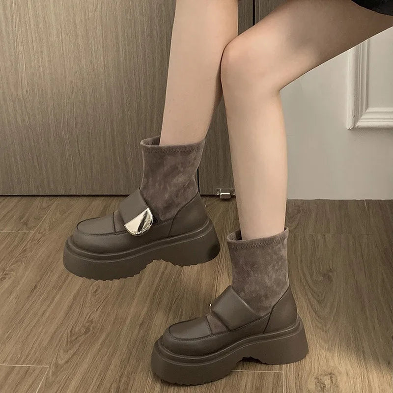 Winter Women Slim Ankle Boots Fashion Slip On Ladies Elegant Platform Flats Short Booties Casual Retro Women's Booties