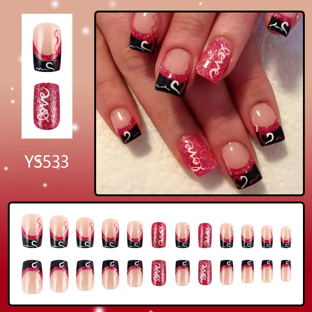 24pcs y2k Black French Press on Nails Short Square Pink Heart Fake Nails Full Cover Wearable Sweet Valentine's Day False Nails 3