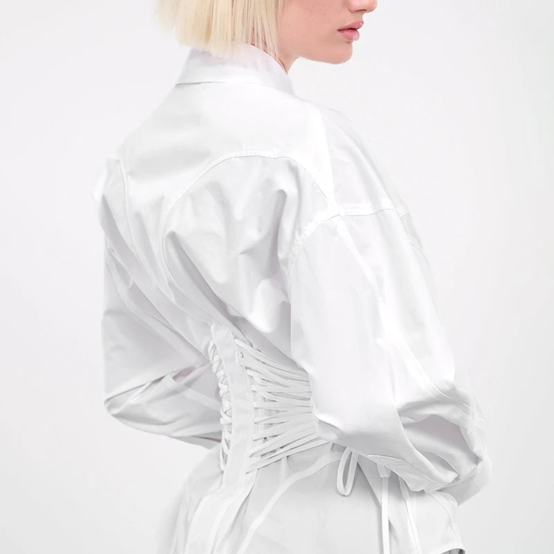 Solid Spliced Lace Up T Shirts for Women Lapel Long Sleeve Patchwork Single Breasted Fashion Top Female Clothing