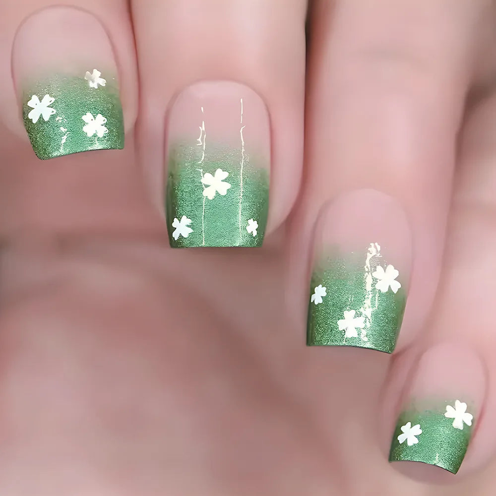 24pcs/set short saure fake nails for Spring summer season french style flowers butterfly design press on false nail art tips 1198
