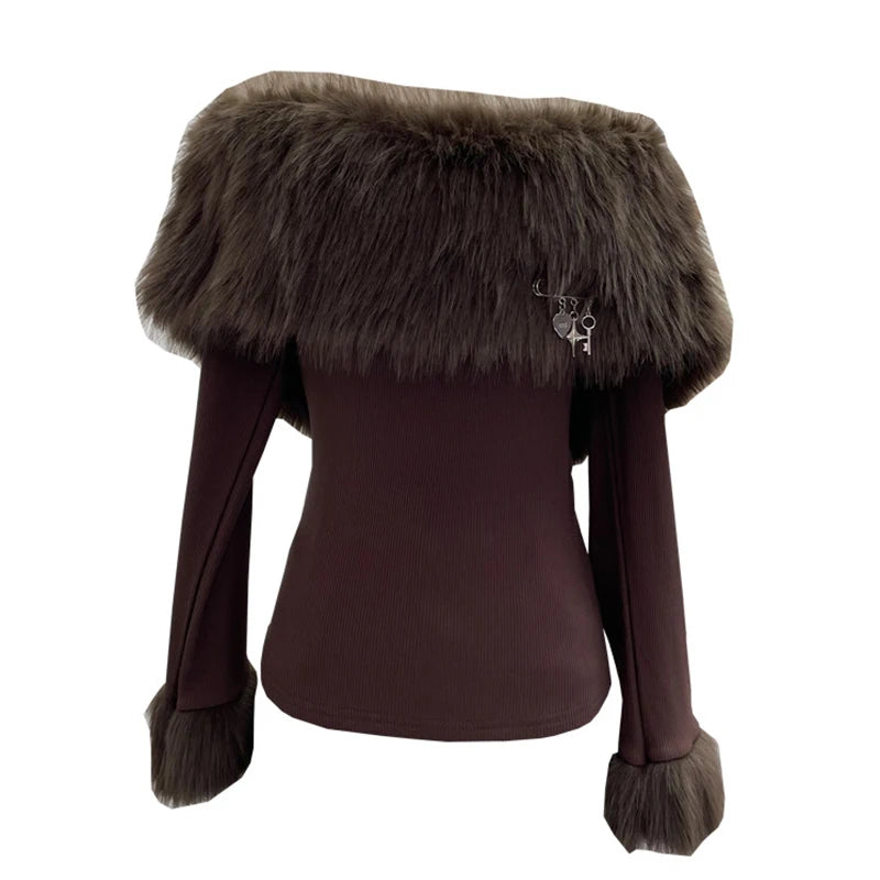 Spring New Fashion Off-Shoulder Furry Patchwork Long Sleeve Base Shirt For Women Slim Fit Decorative T-Shirt 11A07919