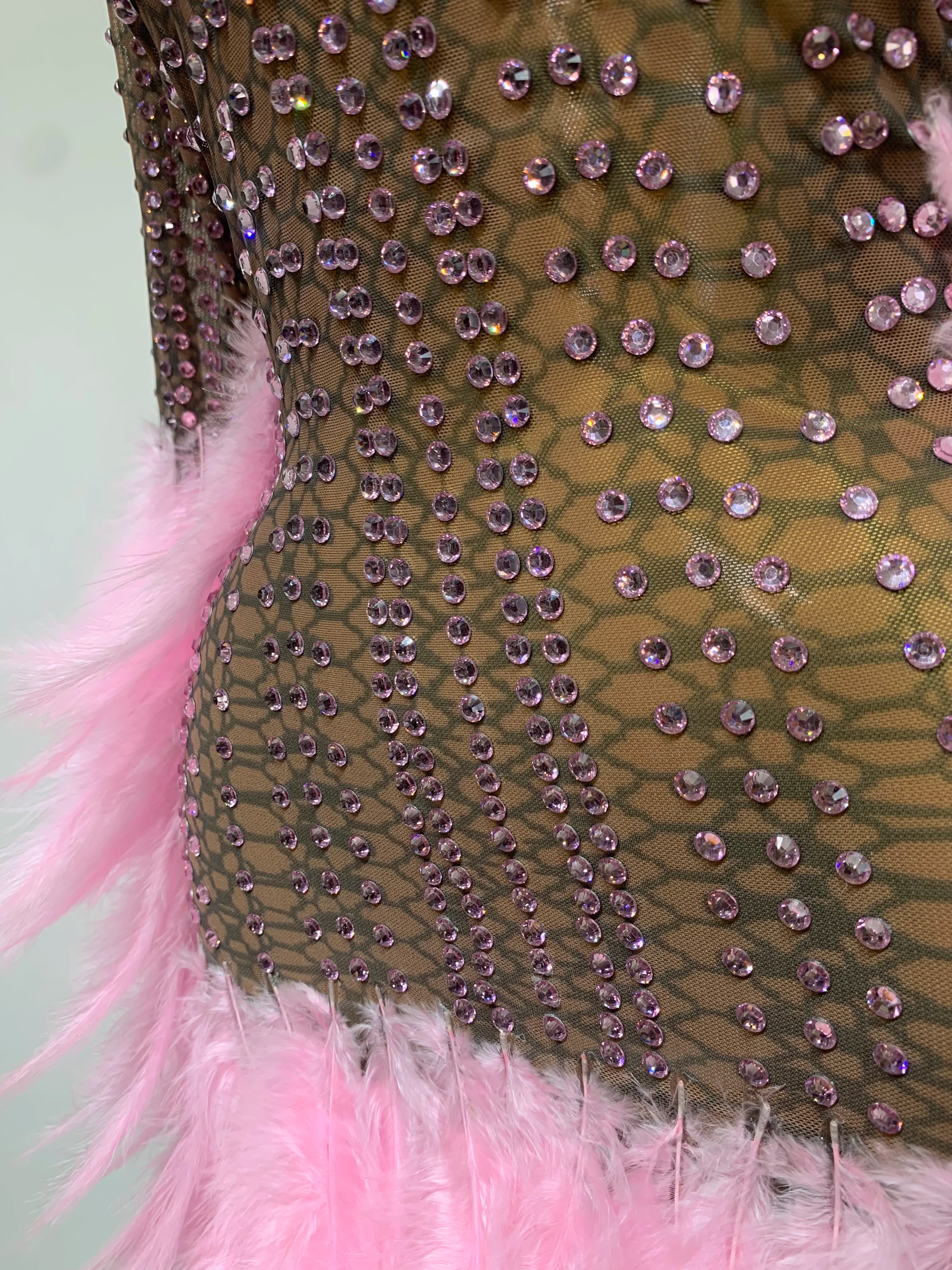 Women Luxury Birthday Dress Rhinestones Mesh Feathers Bodycon Mini Celebrity Evening Club Party Dress Nightclub Stage Outfit