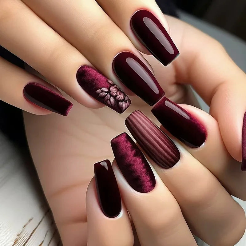 24Pcs Fashion Fake Nails Press on Long Ballet False Nails Art with Flower Design Brown Detachable Full Cover Nail Tips Manicure 1826
