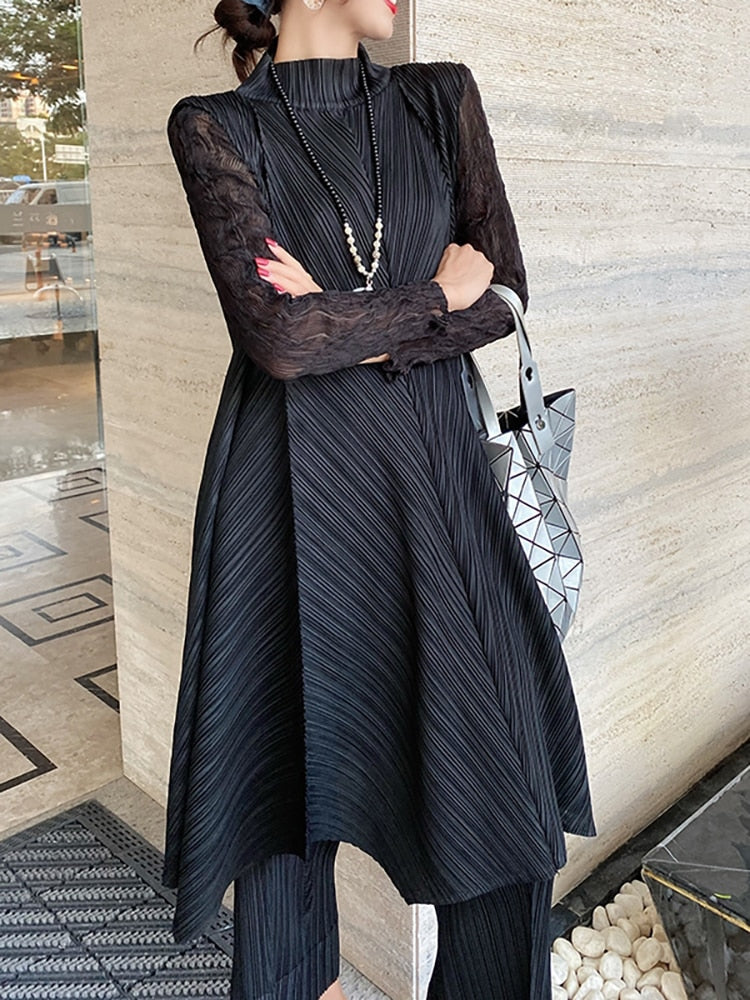 Sets Women Pleated Two Piece Set Fall Winter New Loose Casual Suit Lace Fashion Long Dress Top Pencil Pant Clothes