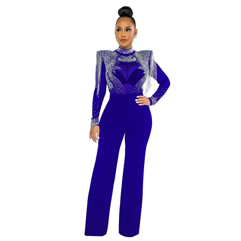 CM.YAYA Women Jumpsuit Solid High Collar Hot Drill Mesh Shoulder Cotton Long Sleeves Long Straight Jumpsuit Sexy Party Outfits blue jumpsuit