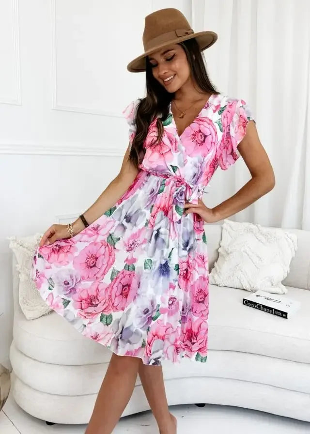 Women's Clothing New European and American Floating Sleeves Wrapped Waist Fragmented Flower Pleated Dress