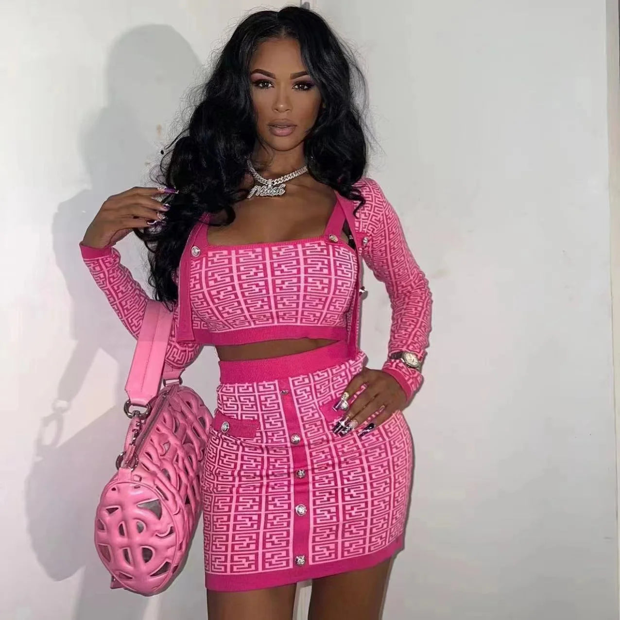 2024 New Autumn Women Long Sleeve Sexy 3 Pieces Bodycon Mini Set Fashion Celebrate Girls' Birthday Party Women's Set Rose Red