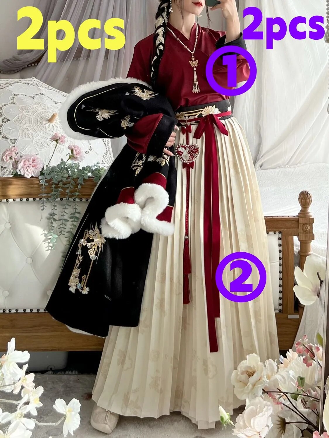 Winter Original Song Dynasty 2024 Hanfu Woolen Sweater Thickened Double-breasted Long Jacket Women Longuette for Girls and Women red 2pcs hanfu