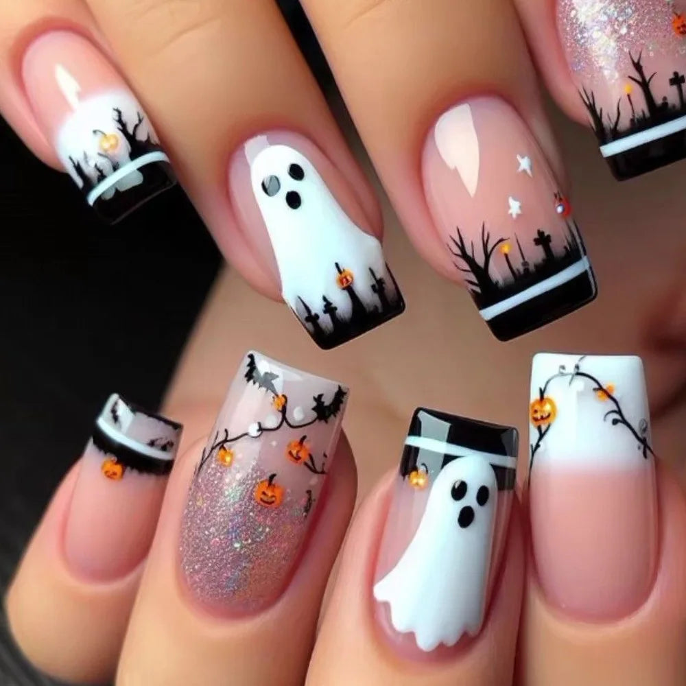 24pcs Black Bat Printed Fake Nails Halloween White Ghost Pattern False Nails for Women Wearable European Almond Press on Nails 2