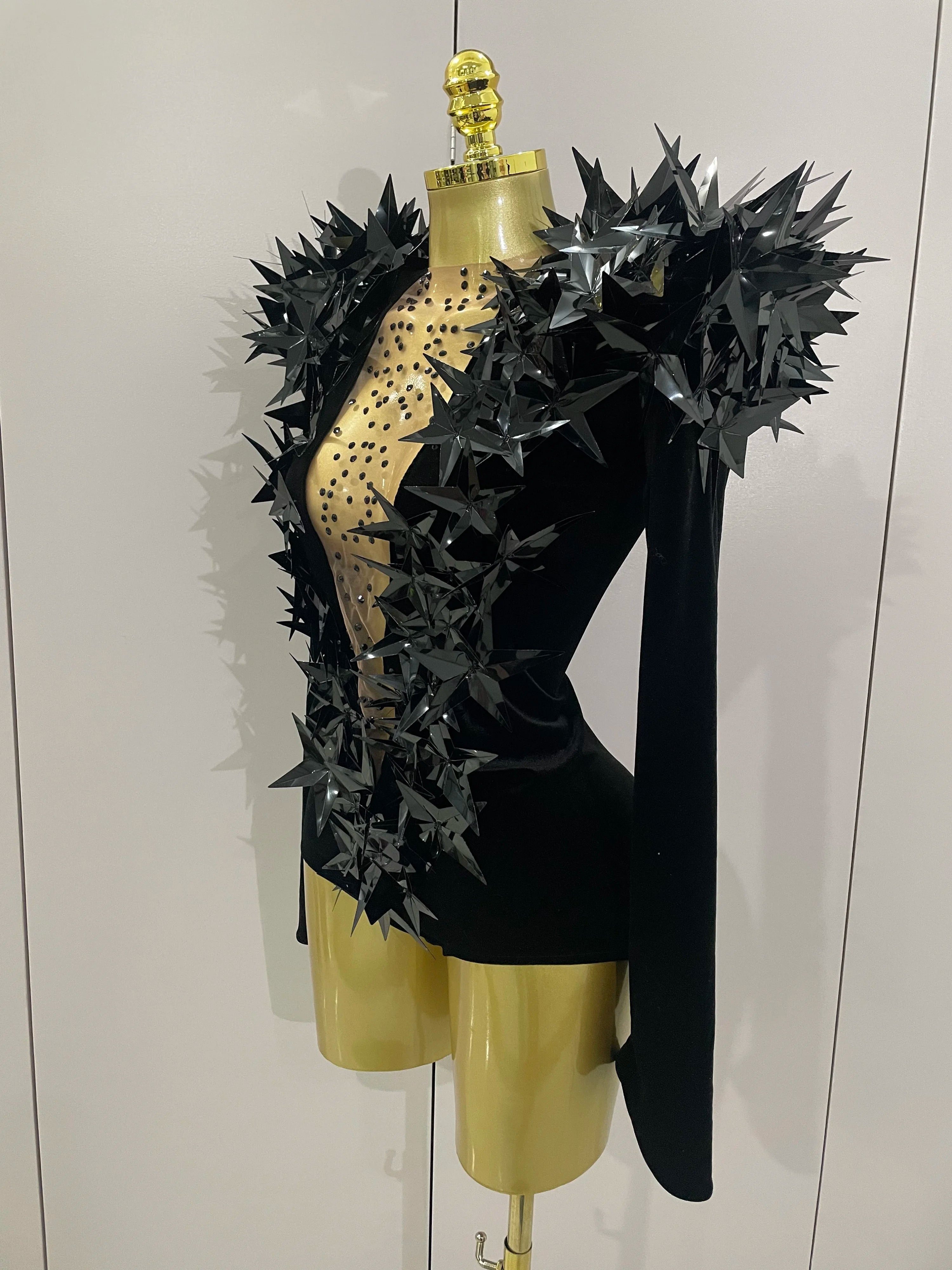 2025 New Shiny Black Rhinestone Velvet Long Sleeve Bodysuit Women Evening Party Club Gala Hosts NightClub Bar Stage Costumes