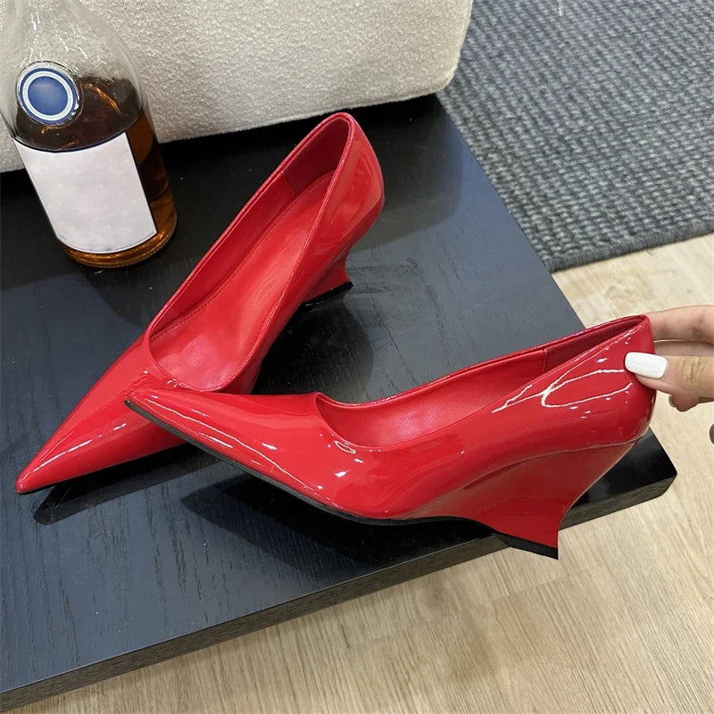 Eilyken Design Pointed Toe Wedges High Heels Women Pumps Silver Red Shoes Sexy Wedding Banquet Zapatos Mujer Red