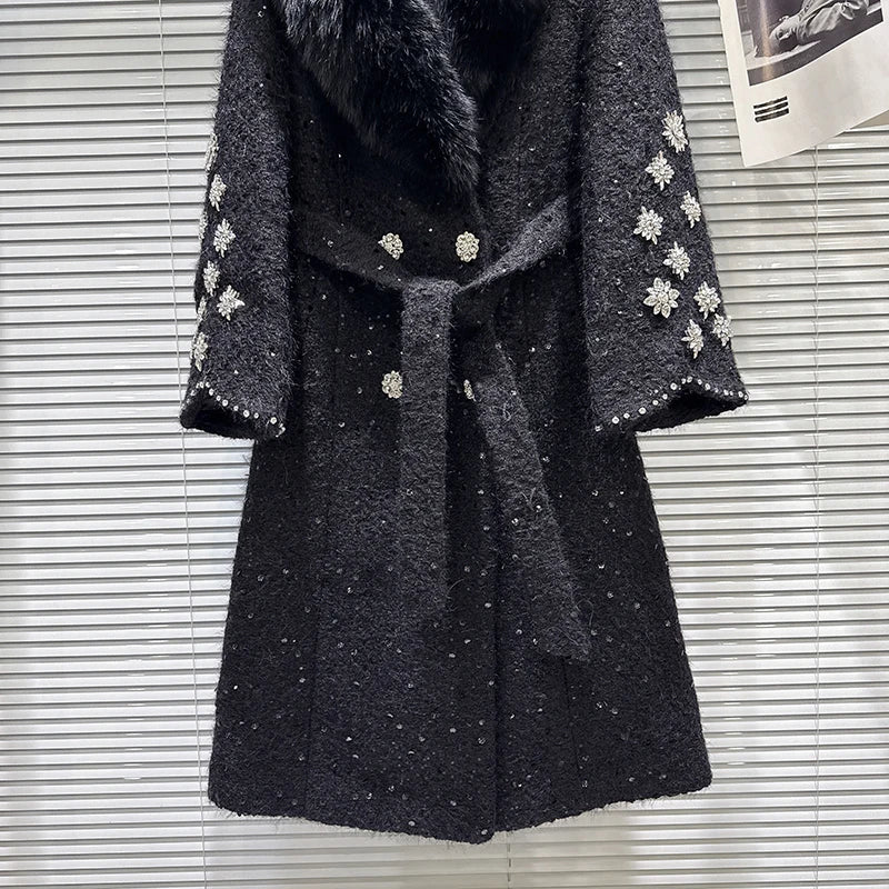 Winter New Fashionable Large Fox Fur Collar Sequin Embroidery Cotton Inner Trench For Women Long Coat Female 11A07776