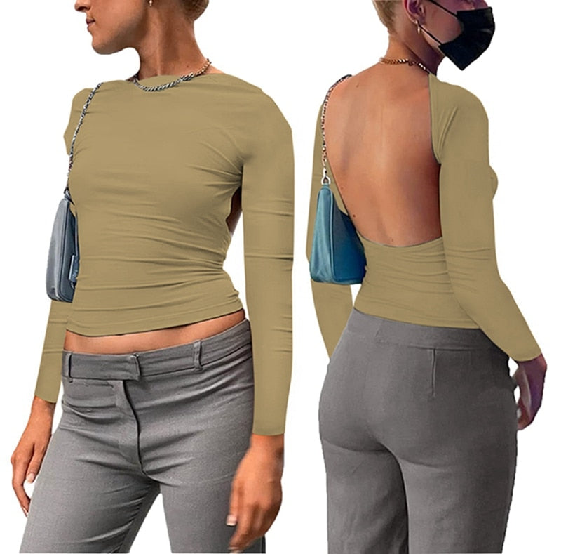 Y2K Sexy Backless Crop Top Women Casual 2023 Summer Short Sleeve O Neck T Shirts Streetwear Fit Slim Pullovers Base Tees T-Shirt