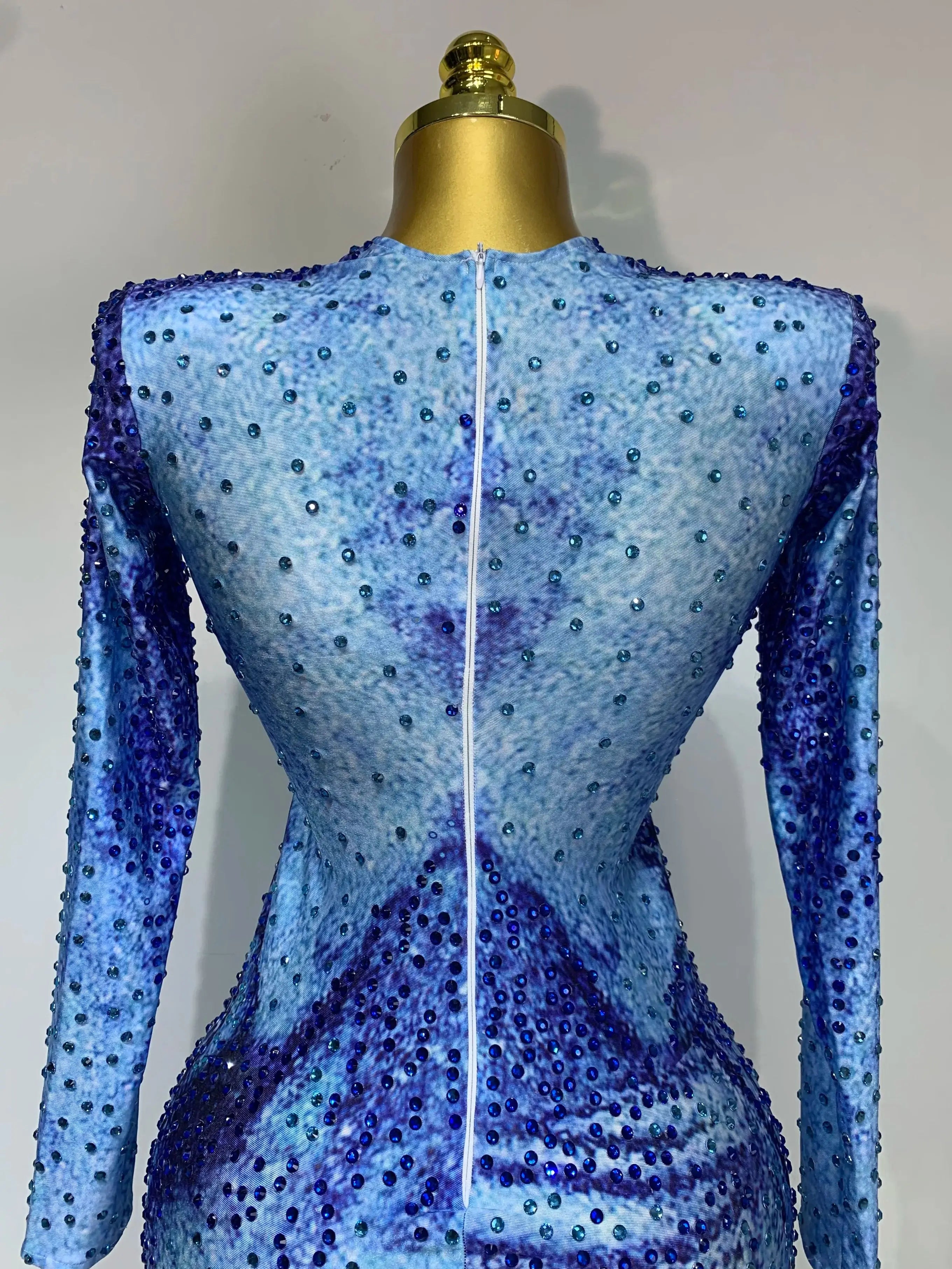Ladies Sexy Sparkly Rhinestones Blue Long Sleeve Short Dress Women Evening Luxury Birthday Party Nightclub Singer Stage Outfit