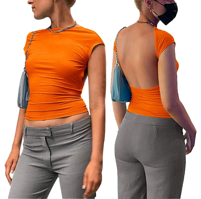 Y2K Sexy Backless Crop Top Women Casual 2023 Summer Short Sleeve O Neck T Shirts Streetwear Fit Slim Pullovers Base Tees T-Shirt