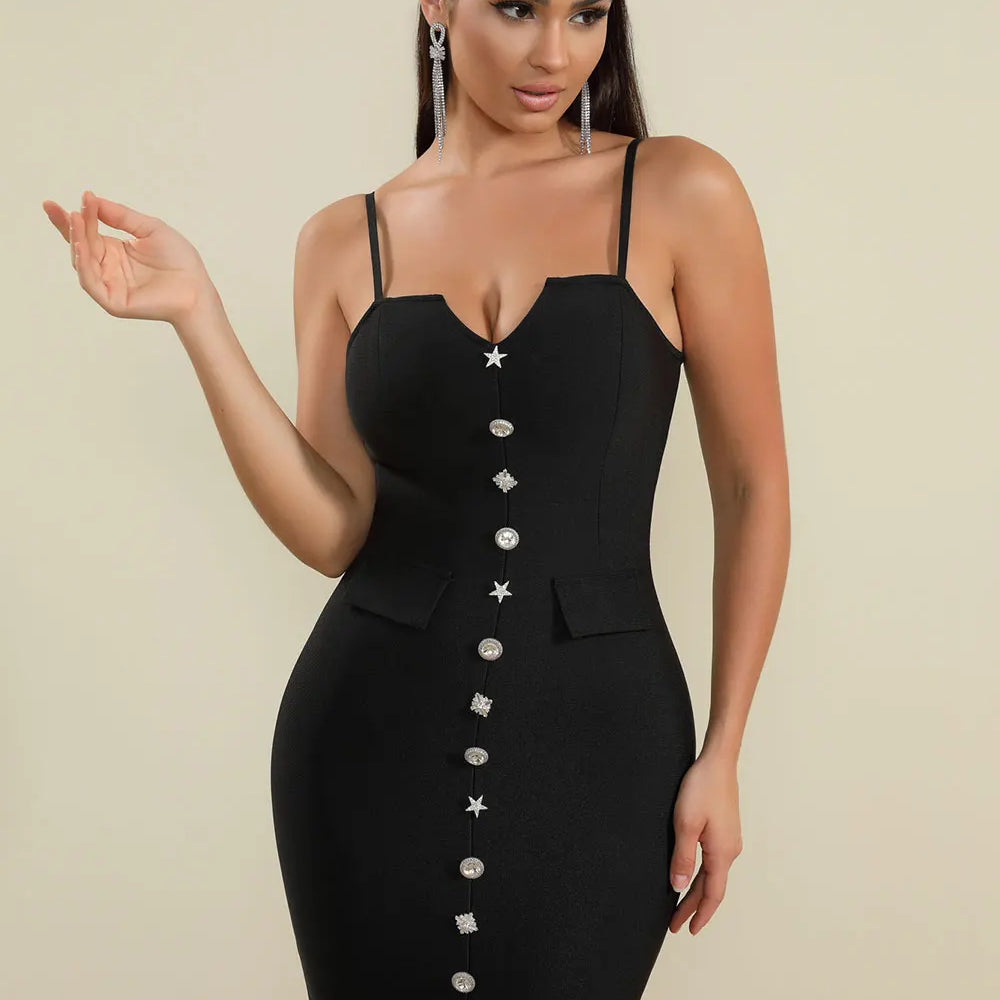 2025 Sexy Women'S Bandage Dress Spaghetti Strap Sleeveless Rhinestone Button Design Bodycon Backless Split Midi Dresses Vestidos