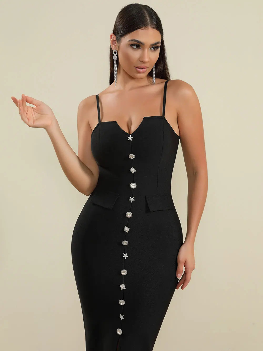 2025 Sexy Women'S Bandage Dress Spaghetti Strap Sleeveless Rhinestone Button Design Bodycon Backless Split Midi Dresses Vestidos