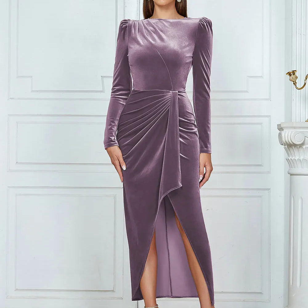 2025 Spring Elegant Women's Velvet Dress O-neck Long Sleeve Bodycon Draped Split Body Long Dress Celebrity Evening Party Vestido PURPLE