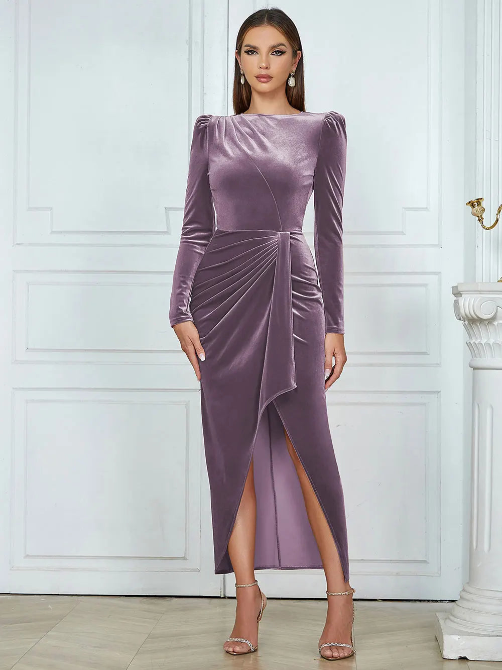 2025 Spring Elegant Women's Velvet Dress O-neck Long Sleeve Bodycon Draped Split Body Long Dress Celebrity Evening Party Vestido PURPLE