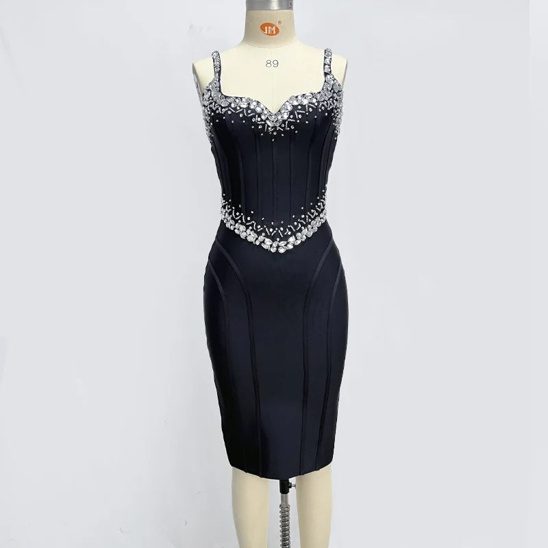 Black Red Color Women Sleeveless Sexy V-Neck Bodycon Mini Bandage Dress Crystal Celebrate Nightclub Party Birthday Dress black