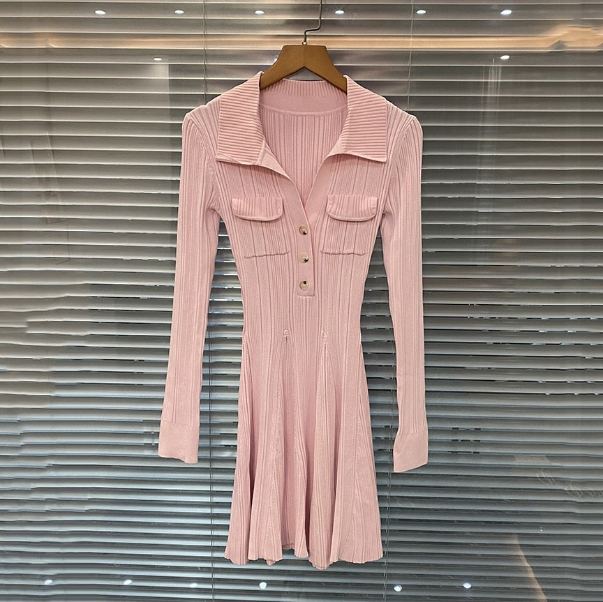 Women's pink knitted medium-length dress senior sense of fashion temperament polo collar waist-skimming long dress 2024 new Short pink