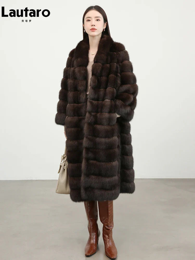 Autumn Winter Elegant Luxury Chic Long Thick Warm Faux Sable Fur Coat Women Shawl Collar Fluffy Overcoat