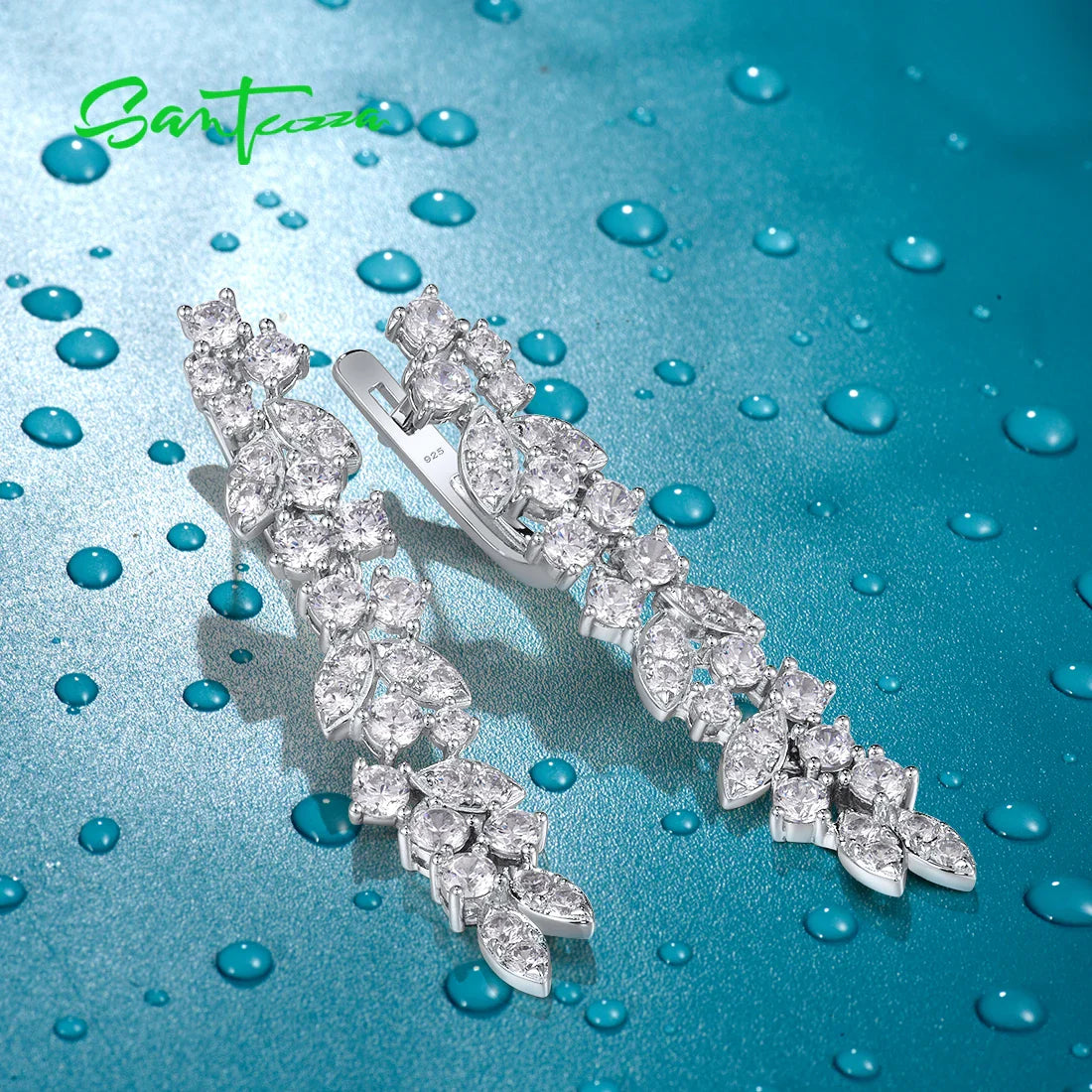 SANTUZZA Real 925 Sterling Silver Cluster Drop Earrings For Women White Cubic Zirconia Simple Daily Long Elegant Fine Jewelry