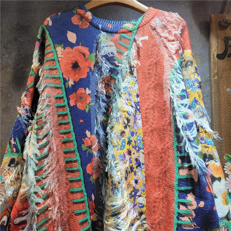 Autumn Winter New Fashion Elegant Casual Versatile Printed Knitted Tassel Sweater For Women Loose Pullover 11A07722