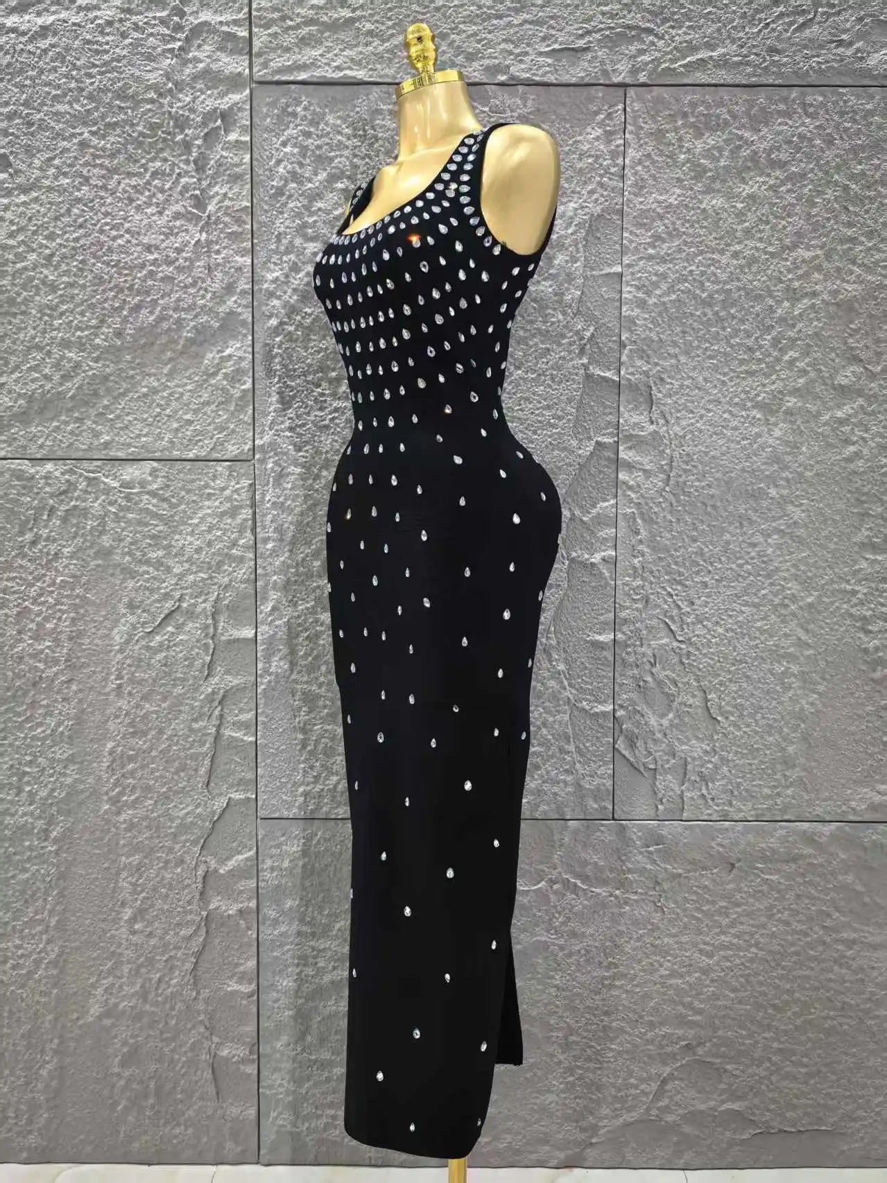 Women Sleeveless Sexy O-Neck Shinning Crystal Bodycon Long Bandage Dress Celebrity Red Carpet Evening Party Outfit