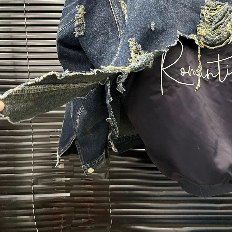 Autumn Winter New Distressed Layered Design Irregular Quilted Denim Coat For Women Streetwear Style Jacket 11A07891