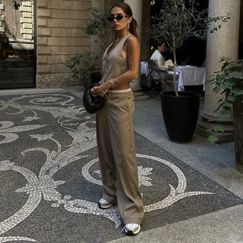 Women's Pants Set Summer New 2-piece Set Slim V-Necked Elastic Waist Pants Suit Chic Street Leisure Holiday Suit