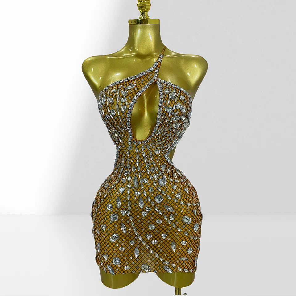 Sparkling Diamonds Sexy Hollow Out Blackless Mesh See Through Mini Dress Fashion Woman Evening Party Dress Birthday Party Outfit