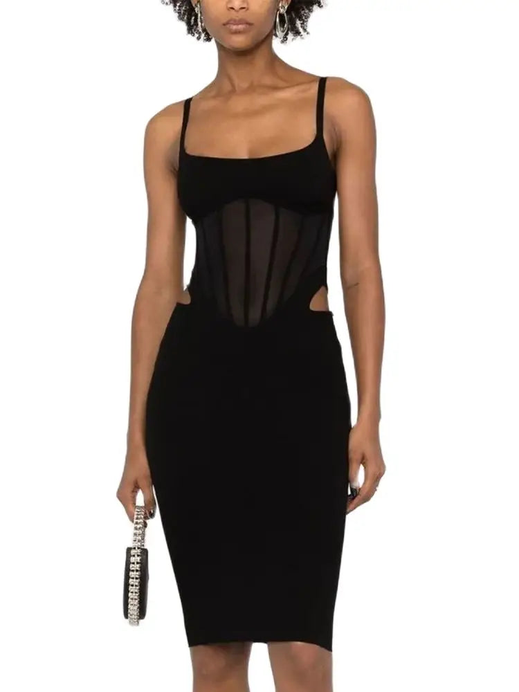 Ailigou New Summer Women's Sexy Sleeveless Tight Fit Midi Bandage Dress with Hollow Lace Elegant Celebrity Party Club Dress