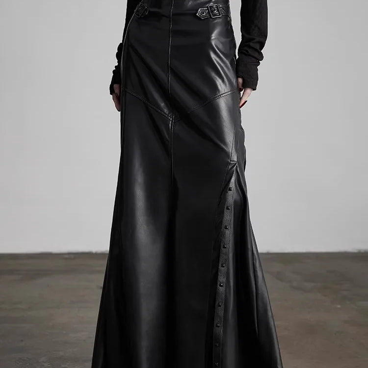 Lautaro Spring Autumn Black Soft Pu Leather Floor Length Mermaid Skirt Women High Waist Elegant Luxury Extra Long Clothes 2025