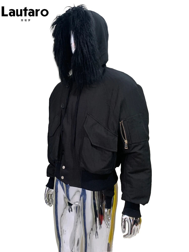 Lautaro Autumn Winter Thickened Warm Short Black Jacket Men with Faux Fur Trim Hood Zip Up Loose Casual Luxury Designer Clothes