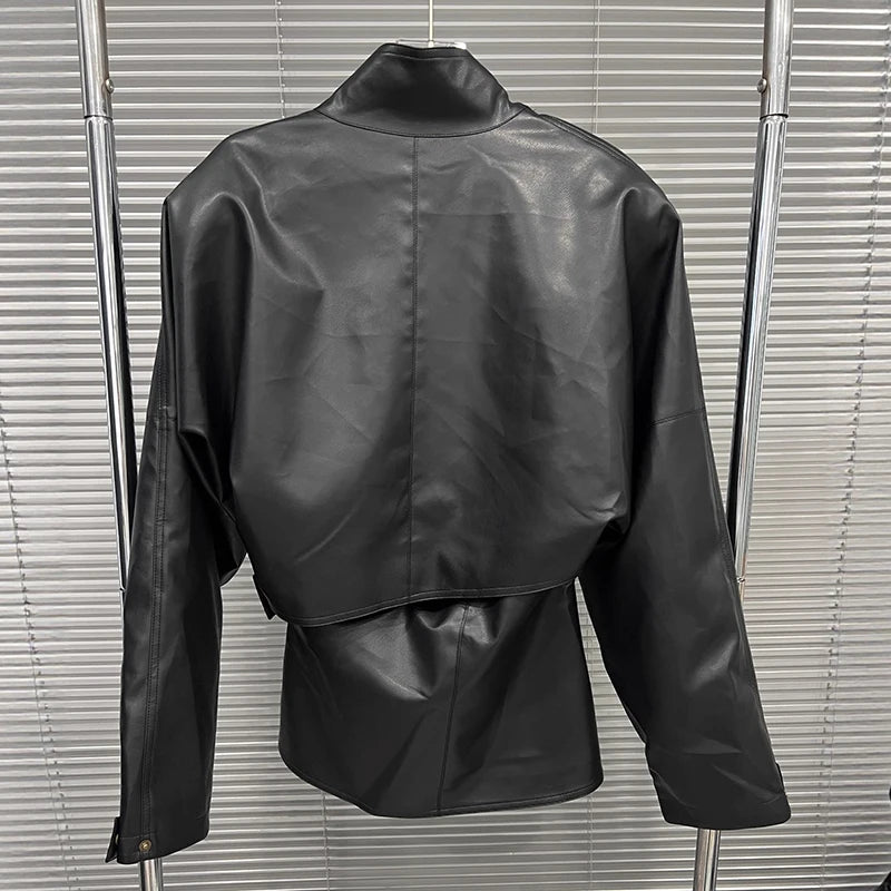 Autumn Winter New Style Loose Stand Collar Long Sleeve Leather Jacket For Women Belt Streetwear Casual Coat 11A07815