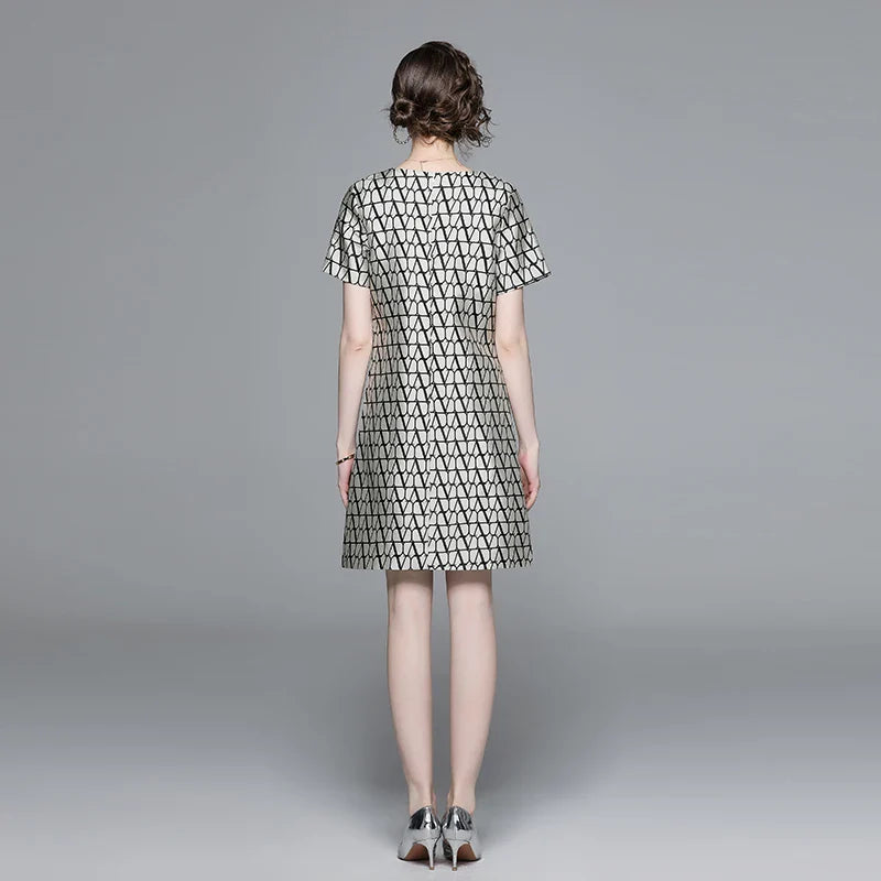 New Fashion Geometry Jacquard Short Sleeve Summer Dress Chic Elegant Temperament A-line Round Neck Dress Women Vestidos