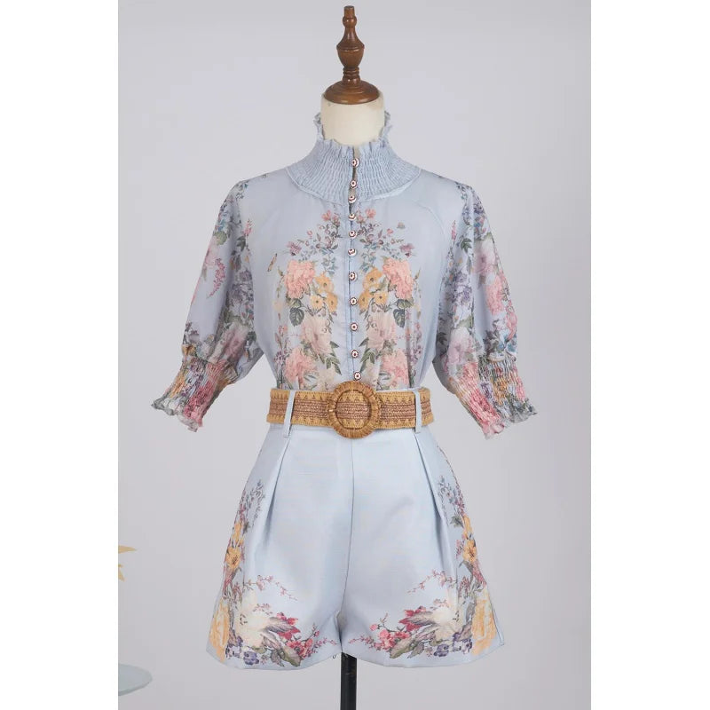Real Shot Spot Australian Design Positioning Printing Single-Breasted Cotton and Linen High-End Puff Sleeve Shirt Shorts with Be