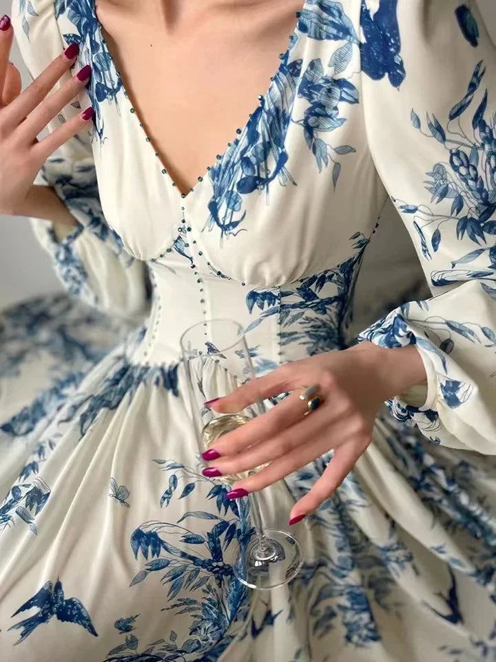 Fashion Designer Floral Beading High Waist A Line Party Women Vintage Elegant Lantern Sleeve Chic Casual Beach Holiday Dresses