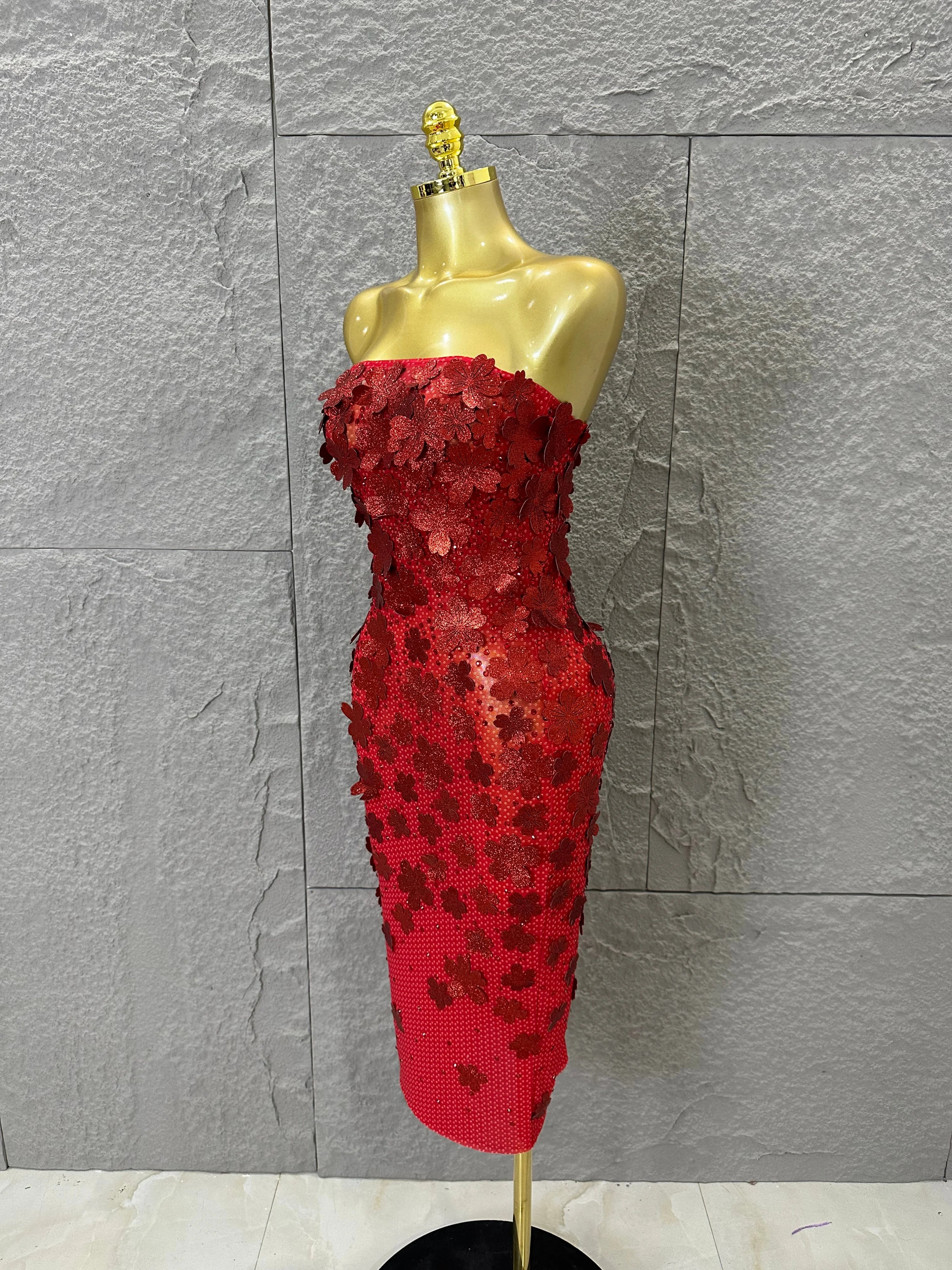 Sparkly Women Sexy Strapless Slim-fit 3D Flower Evening Gala Party Nightclub Cocktail Party Stage Performance Costume