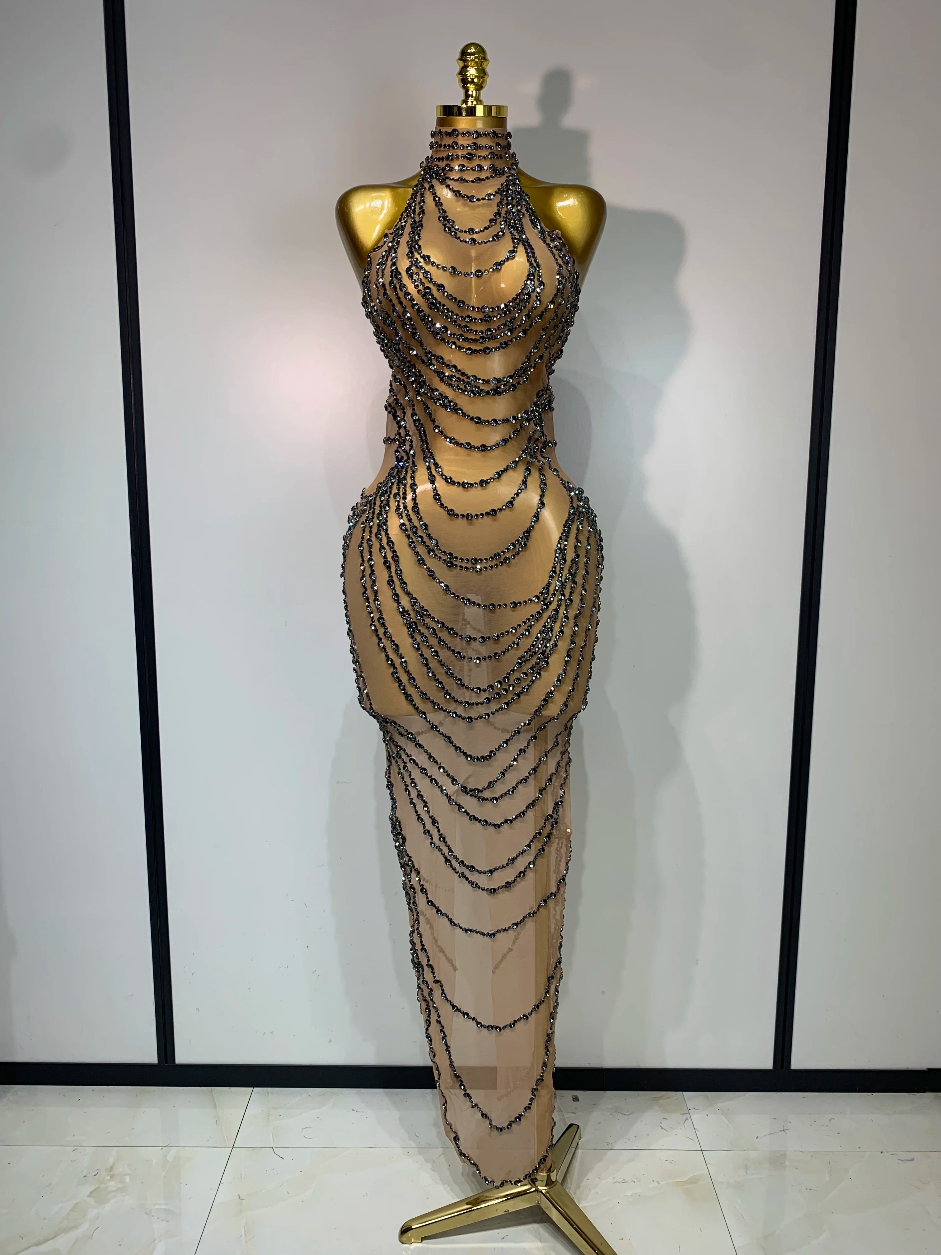 Sparkly Rhinestone Sexy Transparent Mesh Long Dress 2025 Women Luxury Birthday Club Party Gown Stage Singer Performance Costume Dark Grey