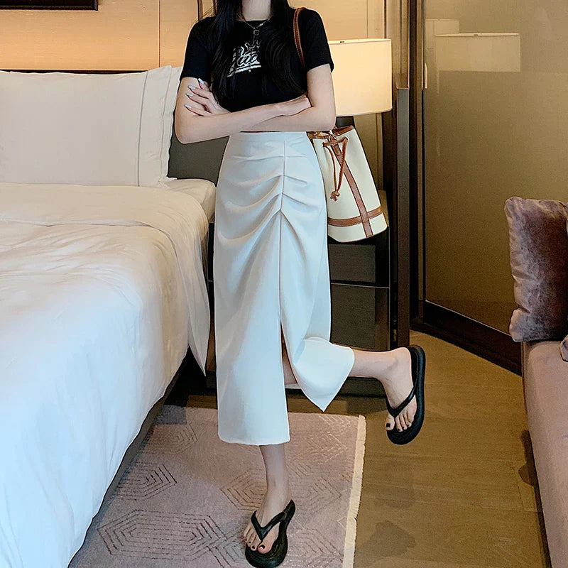 A-Line Elastic Waist Irregular Pleated Split Skirt Midi Dress Sexy Casual Solid Elegant Chic Women Clothing French Summer OL New