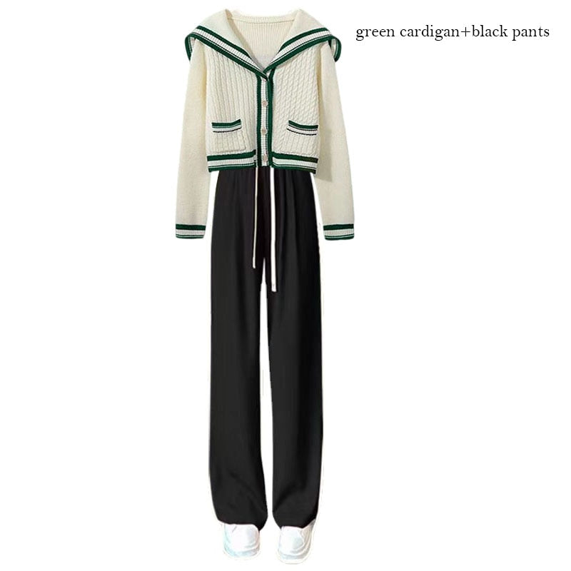 Sailor Collar Two Piece Set for Women Knitted Cardigan + Pant Sets Long Sleeve Korean Outfit Tracksuit 2024 New Knit Autumn Suit green black