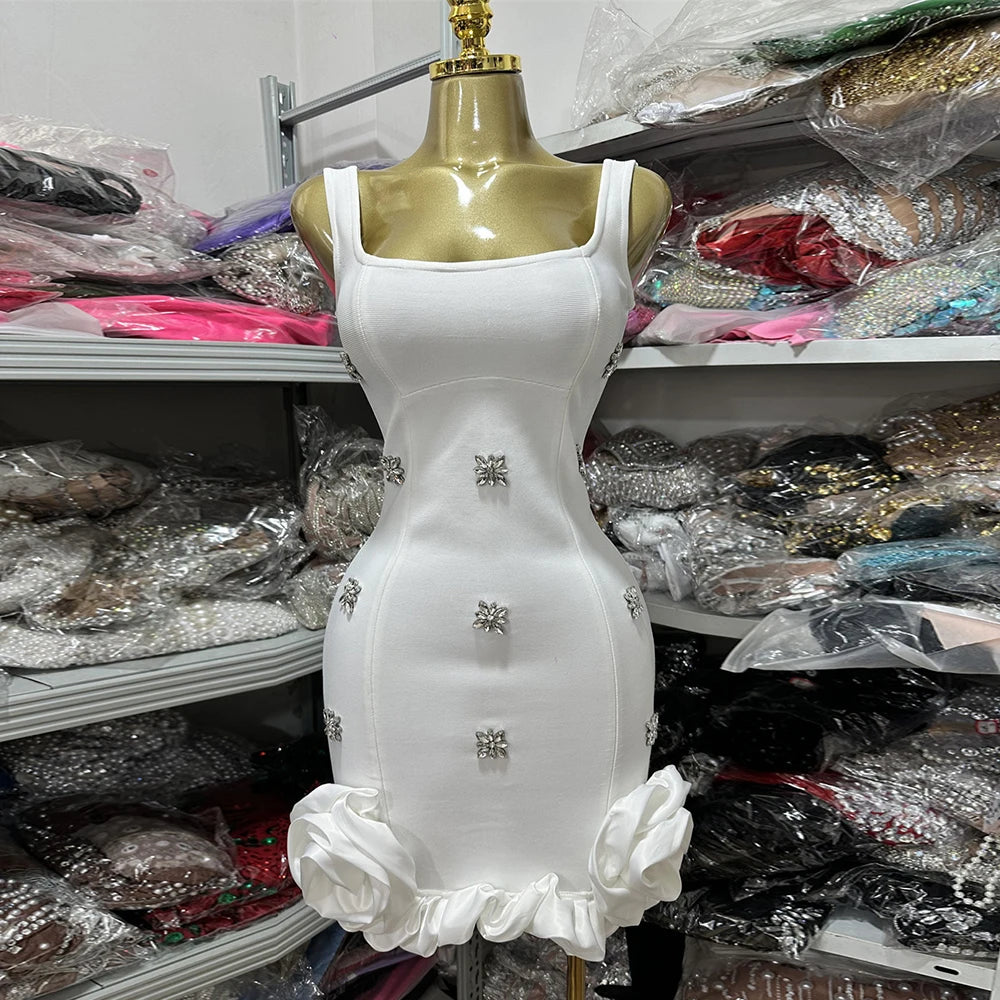 Spliced Diamonds Flower Bandage Mini Dress For Women Solid Color Sleeveless Bodycon Party Dresses Female 2025 WHITE