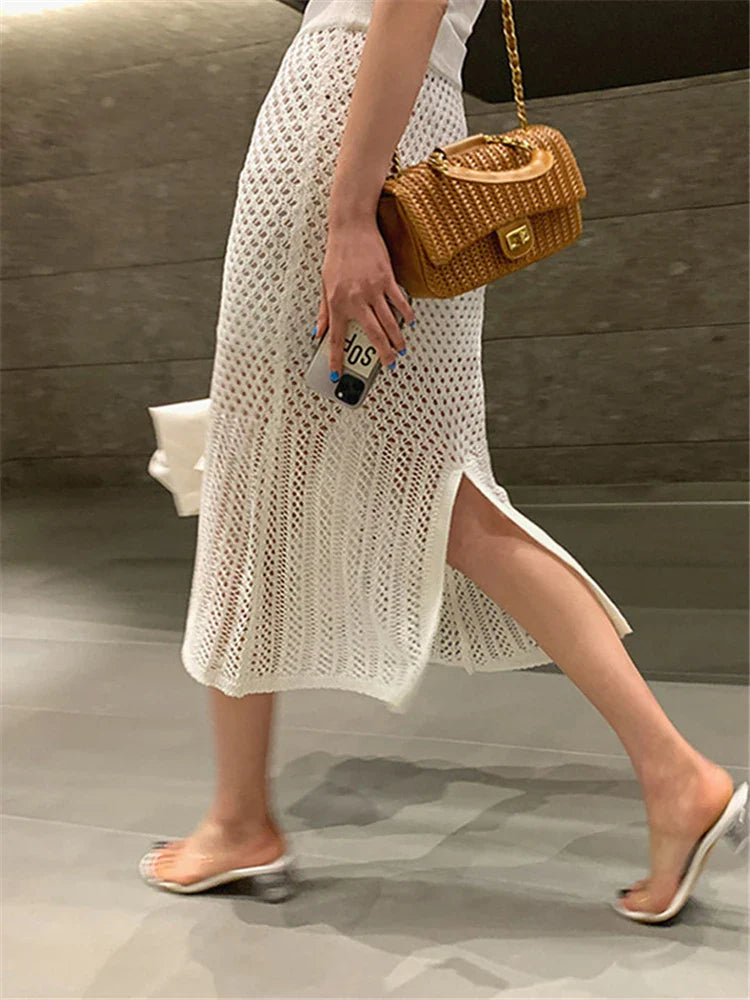 Tossy Summer Hollow Out Knit Long Skirt Casual Wrap Ladies Pencil See Through Midi Skirts 2022 Bodycon Korean Streetwear