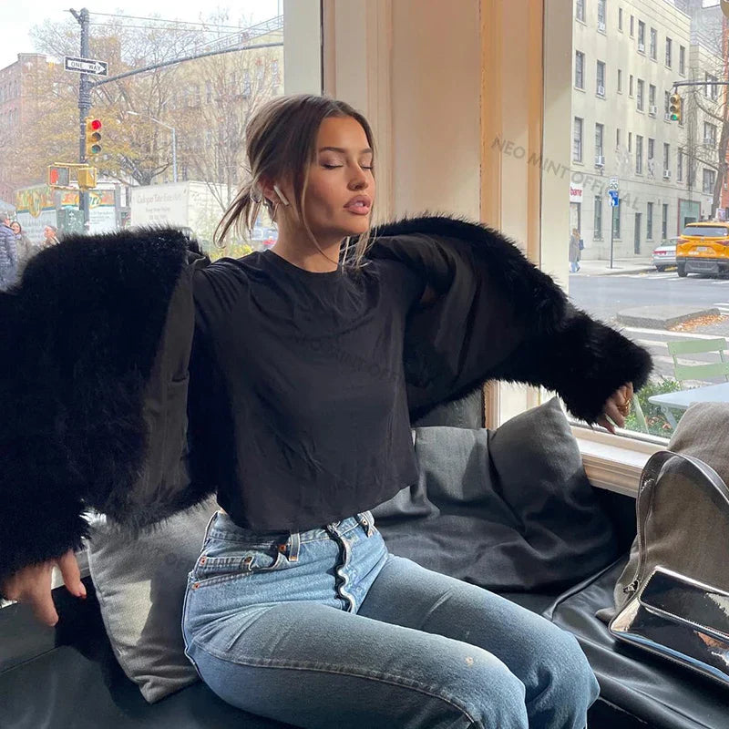 Neo Mint Street Fashion Shawl Collar Faux Fox Fur Coat Women Winter Cool Girls Black Short Fur Jacket Vintage Chic Overcoat