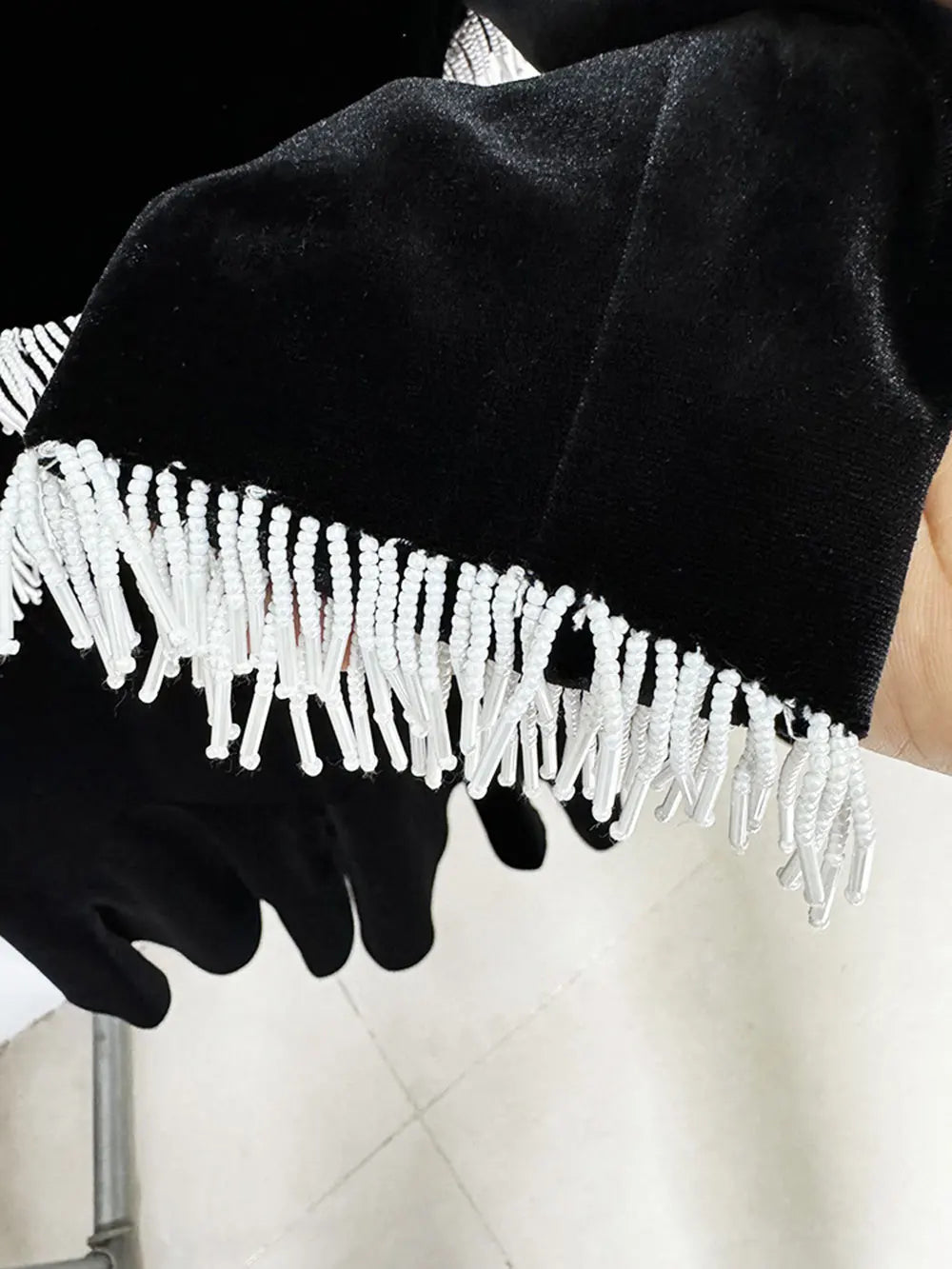 2025 Sexy Women's Open Waist Tassel Velvet Dress Stand Collar Long Sleeve Slimming Mini Dress Celebrity Evening Party Vestidos