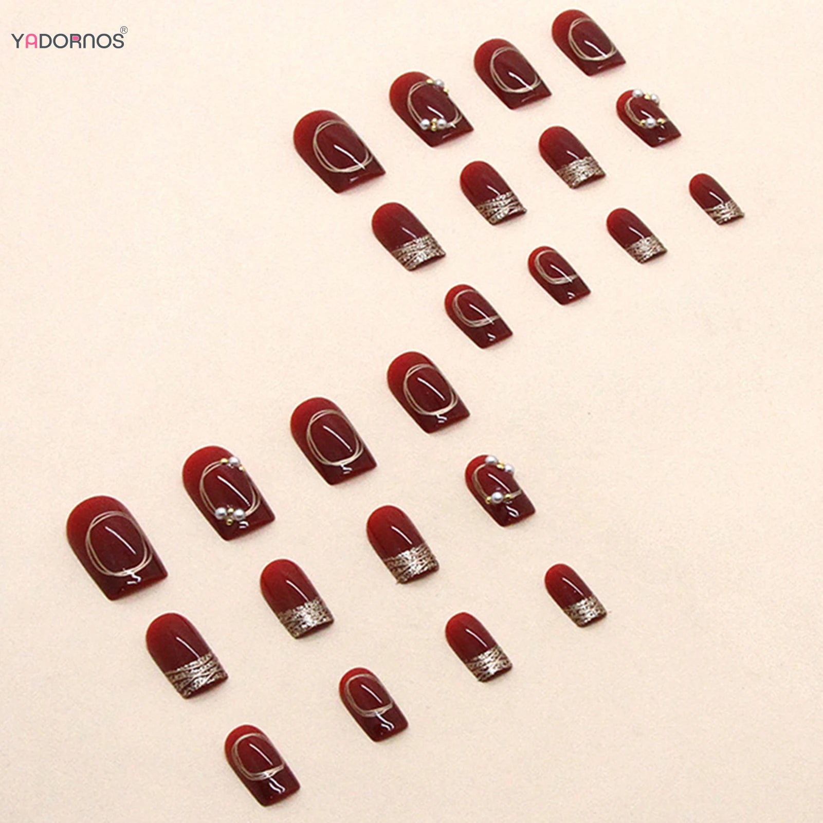 Women New Year Party Wine Red Fake Nails 24Pcs Gold French Press On Nails Short Square Wearable False Nails Patches DIY Manicure