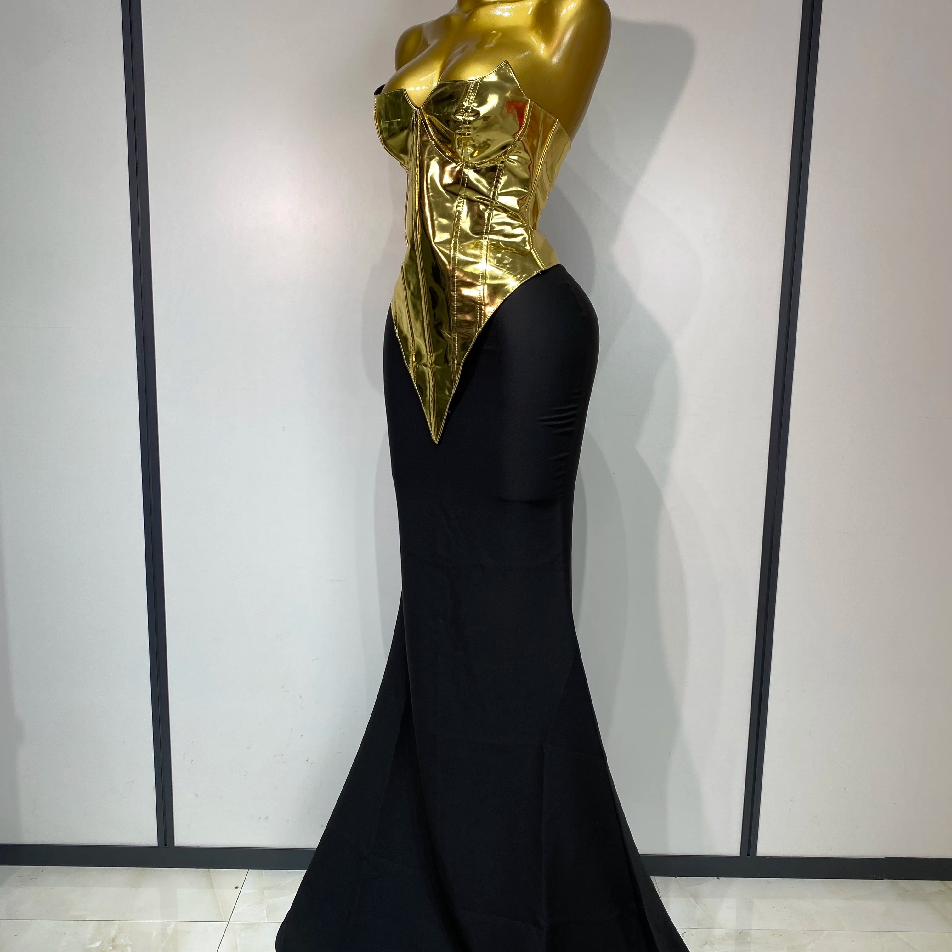 Women Sexy Strapless Gold Two Piece Set Celebrity Elegant Evening Party Maxi Skirt Suit Luxury Birthday Club Gown