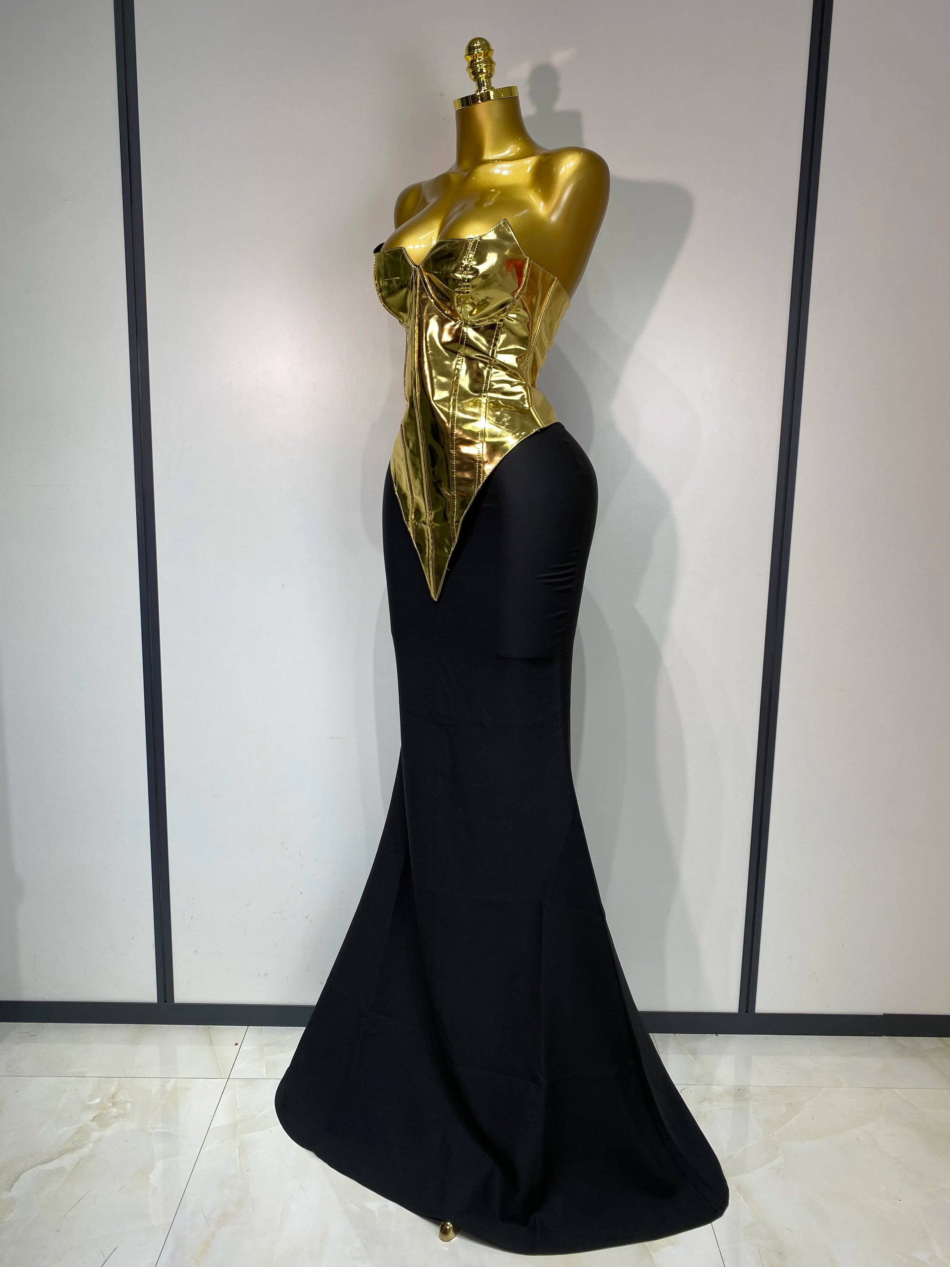 Women Sexy Strapless Gold Two Piece Set Celebrity Elegant Evening Party Maxi Skirt Suit Luxury Birthday Club Gown